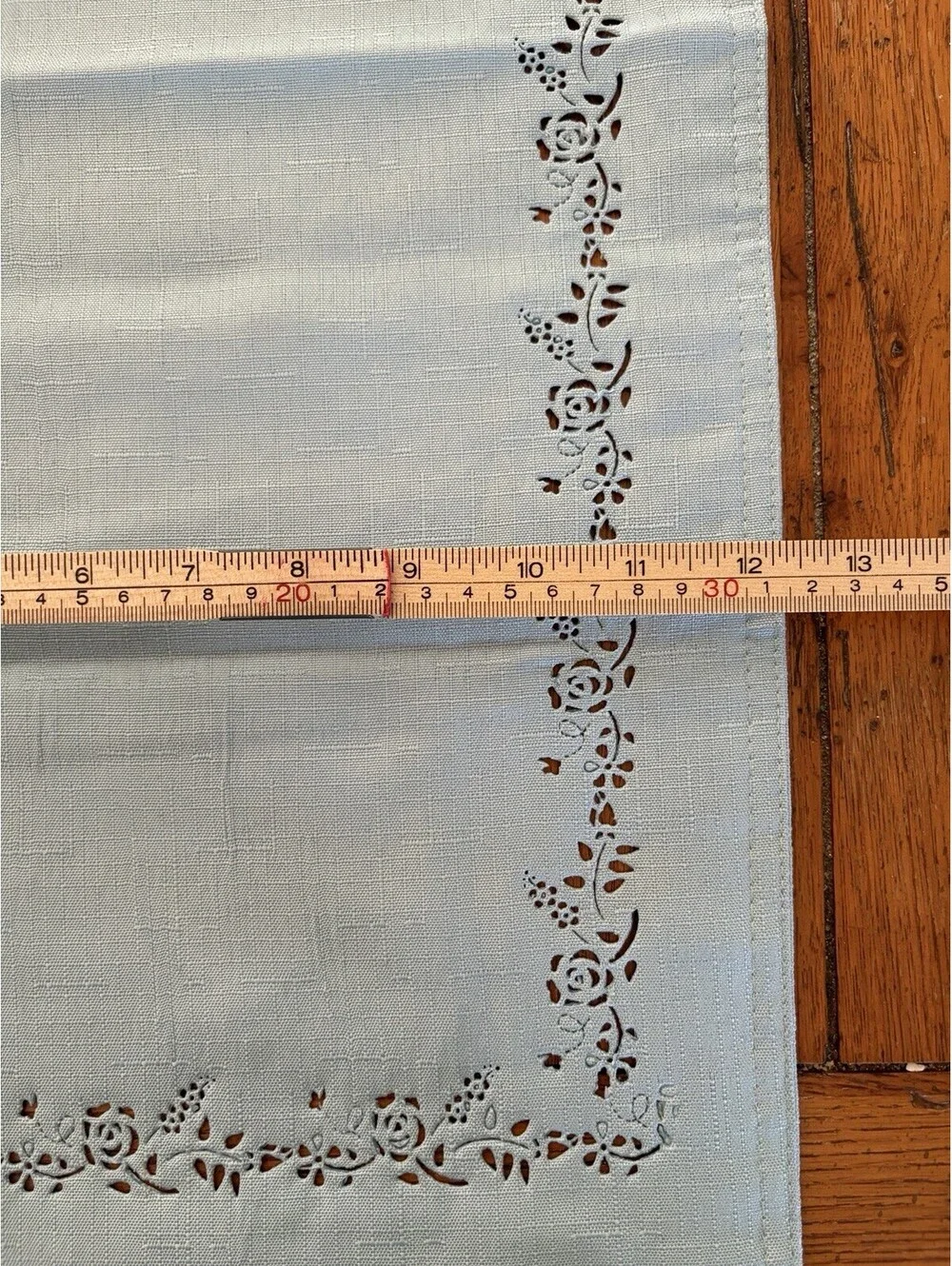 Vintage Style Table Runner Solid Blue Green With Cutwork Floral Border  12x68”